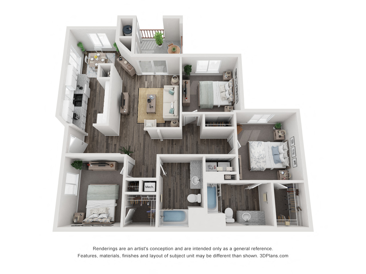 Floor plan for 3 beds, 2 baths, 1257 sqft